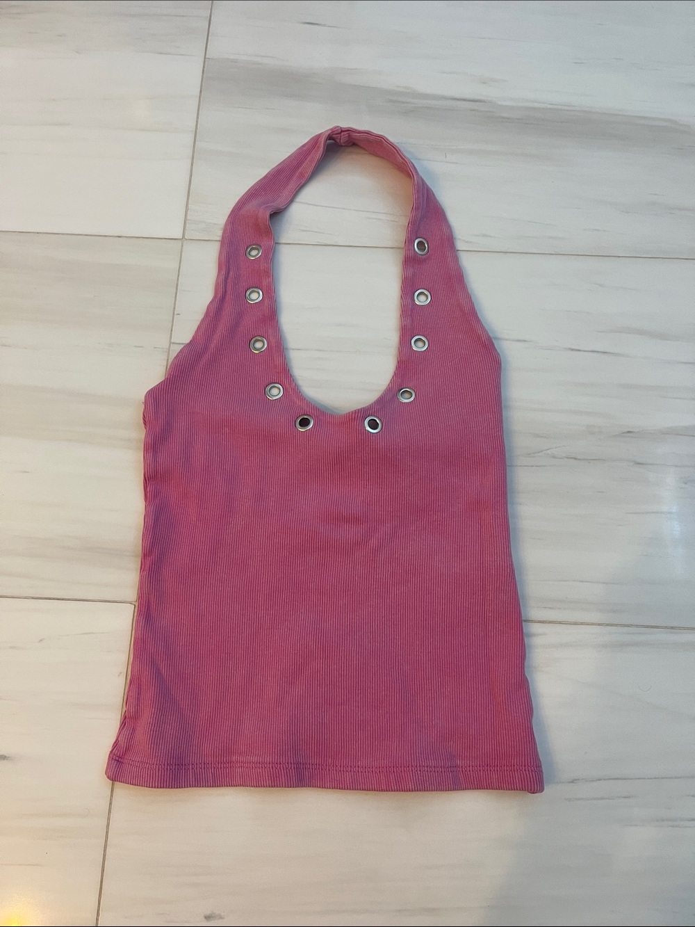 Zara Ribbed Halter Tank Top with Grommet Detail - Pink